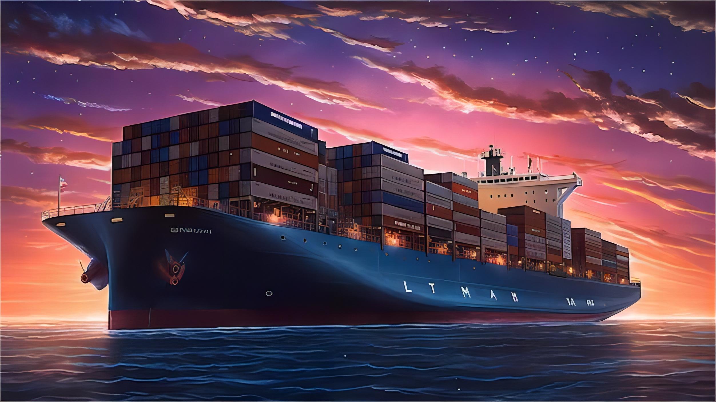 Large container ship transporting sea freight from China to the USA