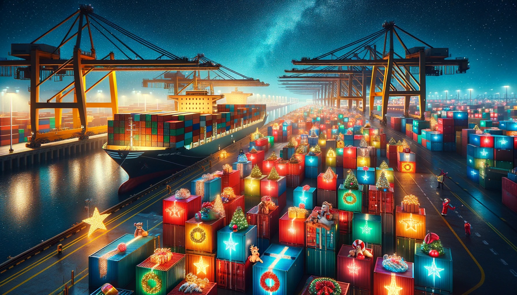 Cargo containers being loaded onto a vessel for international transport