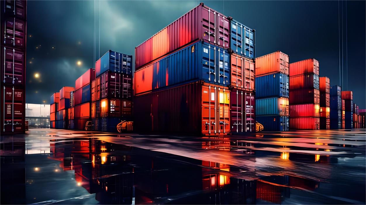 Cargo containers stacked at a shipping terminal