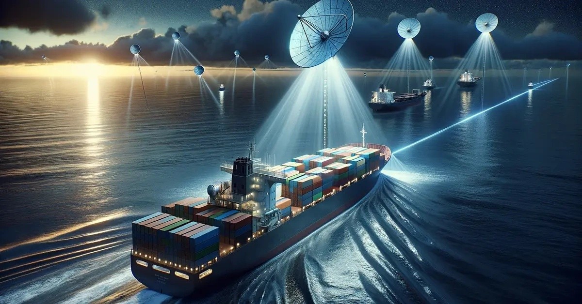 Container ship at a busy port terminal